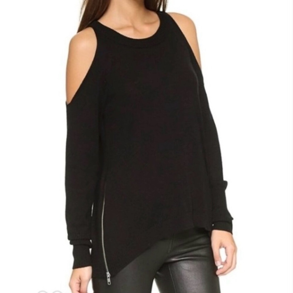 EUC Ramy Brook Tascha Black Cold Shoulder Wool Silk Blend Sweater Side Zipper